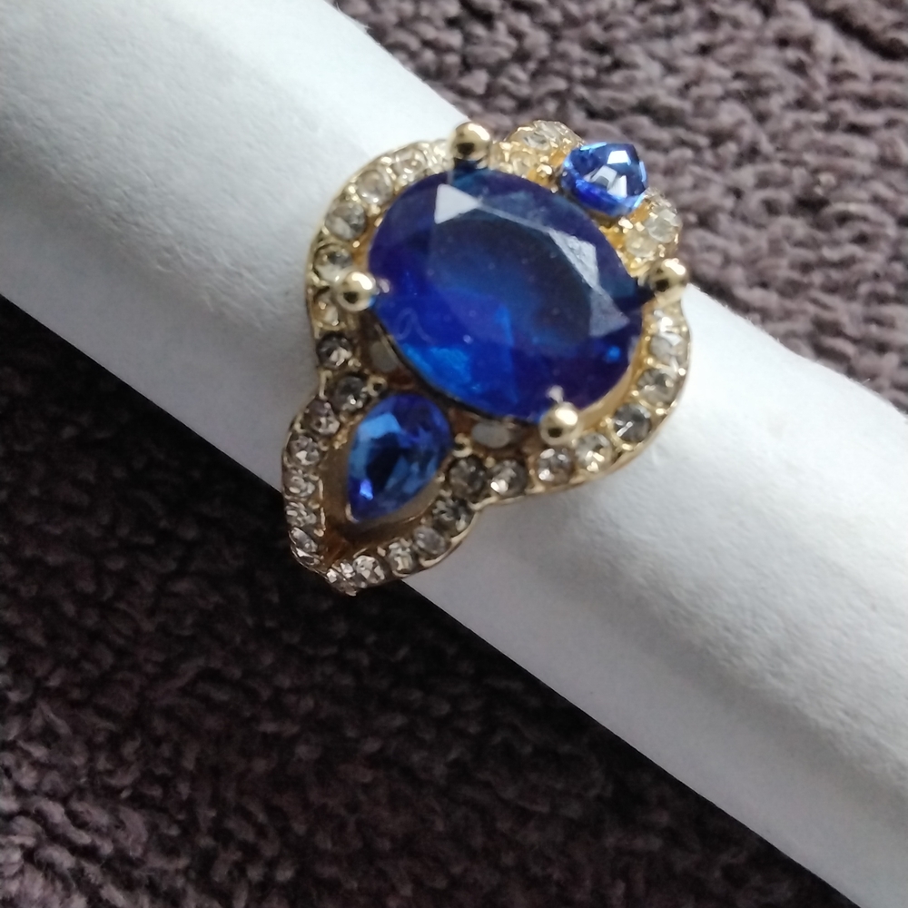 Gold-Tone Blue Crystal Cocktail Ring - Women Jewelry